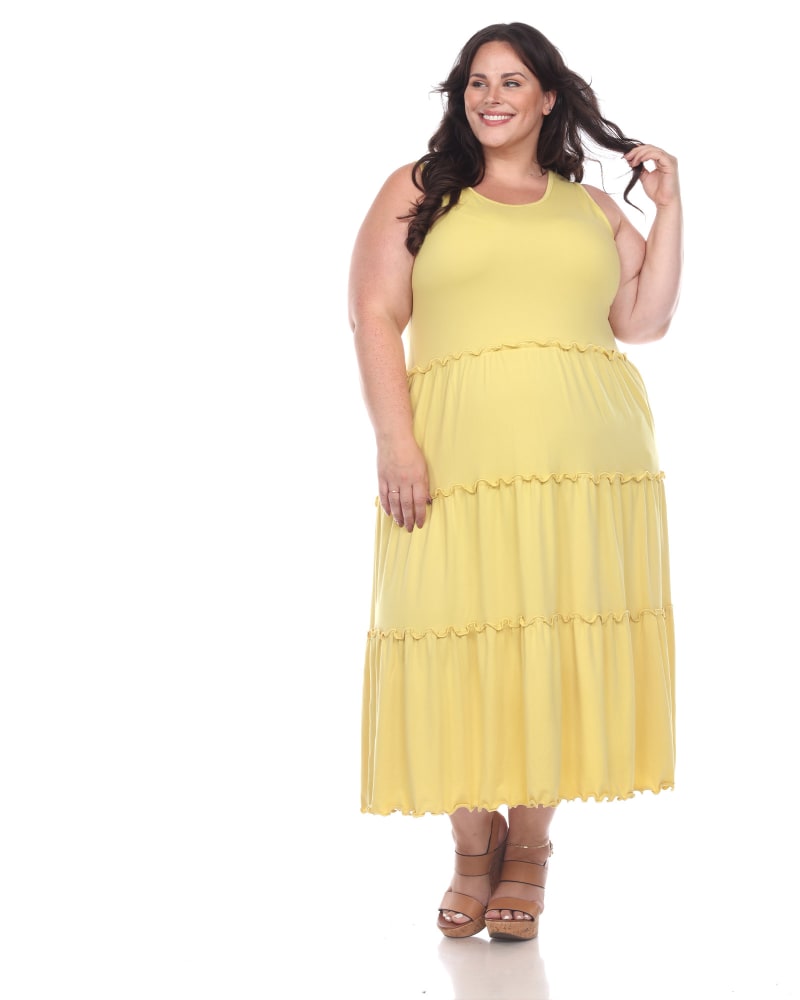 Front of a model wearing a size 3X Scoop Neck Tiered Midi Dress in Yellow by White Mark. | dia_product_style_image_id:246707